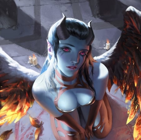 Fallen angel - fantasy, star academy, fire, wings, angel, demon, luminos, horns