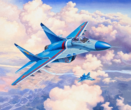 MIG-29S - white, painting, sky, art, cloud, blue, airplane, mig29s