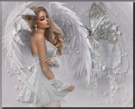 ANGEL & THE BUTTERFLY - white, silver, butterfly, angel, female, castle, wings