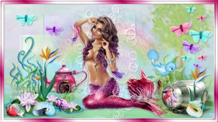 MERMAID - SEA SHELLS, FEMALE, BUTTERFLIES, MERMAID, COLORFUL