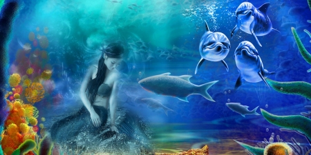 SWIMMING WITH DOLPHINS - FEMALE, OCEAN, MERMAID, DOLPHINS