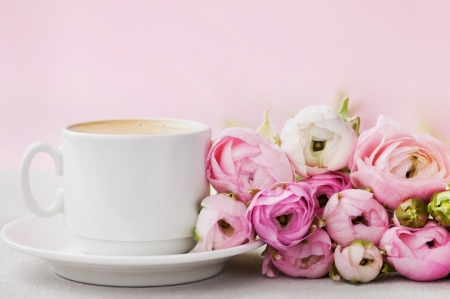 Good morning! - white, morning, coffee, pink, ranunculus, cup, flower