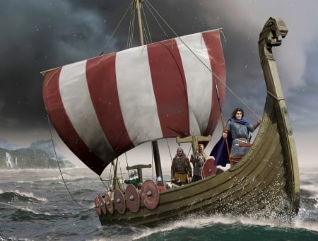 Viking ship - ship, man, sea, fantasy, viking, boat