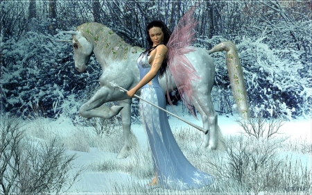 Lovely Snow Fairy - fairy, horse, trees, snow