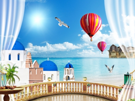 Blue sky and Beach - Sunshine, Balloons, Clouds, Balcony, Sky