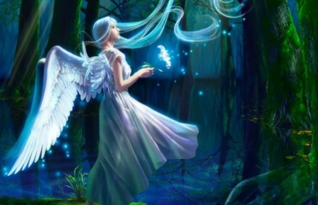 Lovely Angel - wings, fantasy, angel, trees