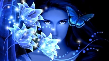 Blue Lady - abstract, flowers, blue, butterflies