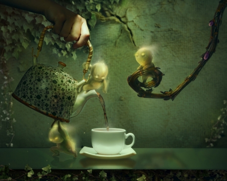 :-) - fantasy, ghost, hand, spirit, green, teapot, cup