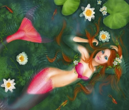 Pretty Pink Mermaid - pretty, female, beautiful, girl, pink, fantasy, mermaid, digital, woman, art