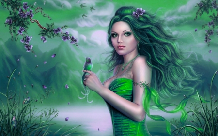 Green Bird Fairy - digital, pretty, bird, beautiful, girl, art, fantasy, fairy, female, green