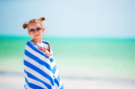 Little Girl - beach, girl, glasses, towel