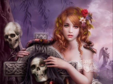 Fantasy girl - snake, girl, pink, skull, frumusete, fantasy, redhead, cris ortega, luminos