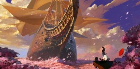 :-) - girl, fantasy, bayard wu, wind, art, ship, cloud, umbrella, luminos, pink, orange