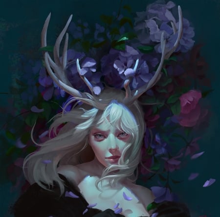 Fantasy girl - girl, flower, pink, fariba khamseh, horns, creature, fantasy, purple, art, luminos