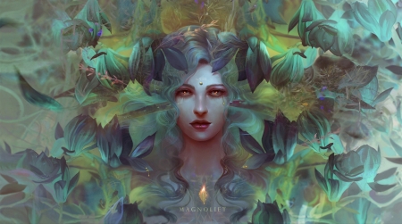 :-) - face, madboni, fantasy, leaf, girl, frumusete, art, green