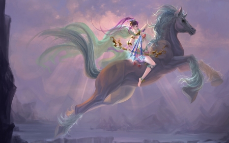 Fantasy girl - horse, fantasy, pink, luminos, girl, green