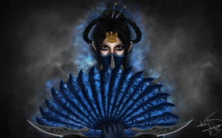 Royal assassin Kitana - hand fan, blue, girl, eyes, assassin, thaisa hassegawa, fantasy, luminos, kitana