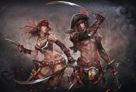 Pirates - fantasy, pirate, girl, ares, sword, couple, man