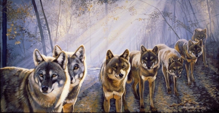 Wolves - wolf, painting, art, lup, pictura, animal, pack