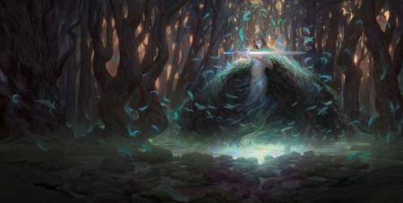 Bastion of the sun - wings, sword, forest, fantasy, noah bradley, luminos, girl, angel