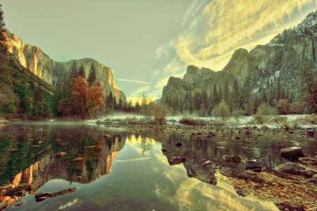 Winter Ravine - nature, trees, winter, ravine, mountains