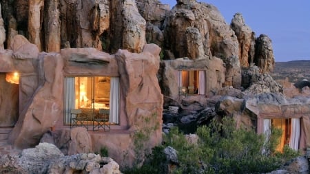 Hotel in the Mountains - Mountains, Building, Rocks, Hotel