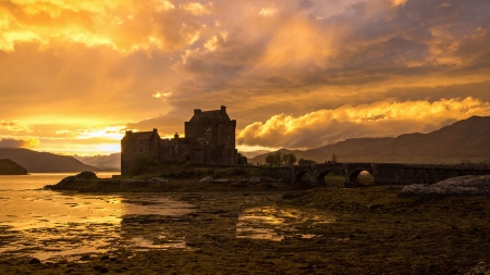 Eilean Donan Castle in North-West Scotland in the Sunset - building, sunset, old, castle