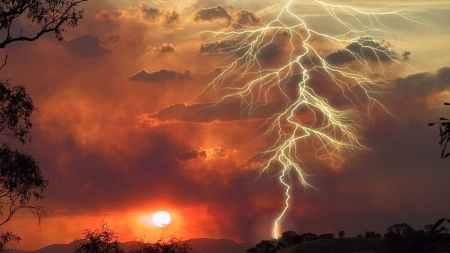 Lightning on Sunset - nature, lightning, forces, sunset