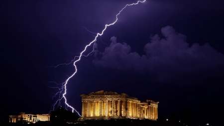 Lightning in Greece - nature, building, ancient, lightning, greece