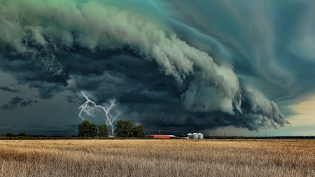 Lightning next to a Farm - nature, farm, landscape, lightning, storm