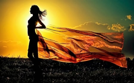 Sunset Silhouette - girl, colors, sun, dress