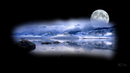 Winter Moon - beach, sky, collage, winter, mountains, clouds, blue, snow, full moon, moonlight, sea, firefox theme