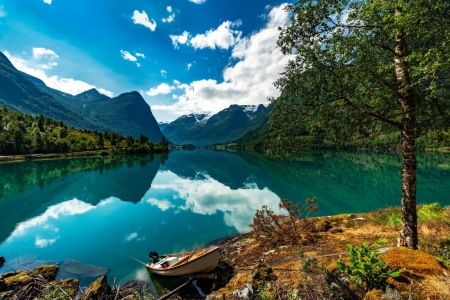 Landscape with mountain and lake - tranquility, boat, serenity, lake, reflection, mountain, sky