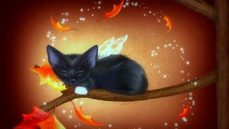 Autumn Kitty - autumn, kitty, magical, wings, black