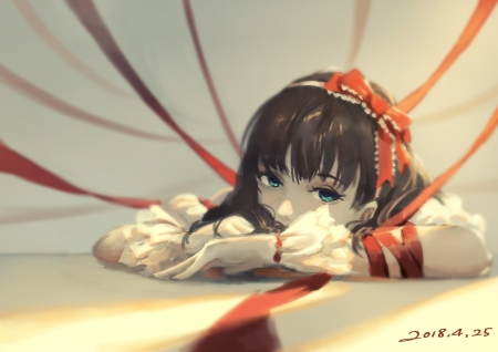 :-) - touhou, bow, girl, red, anime, manga