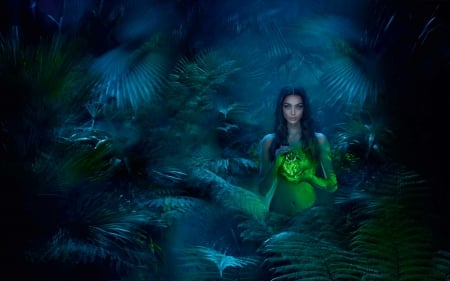 Green Aura - pretty, beautiful, girl, forest, feminine, fantasy, digital, woman, art