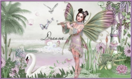 DREAM - swan, female, wings, flowers, fairy, butterflies