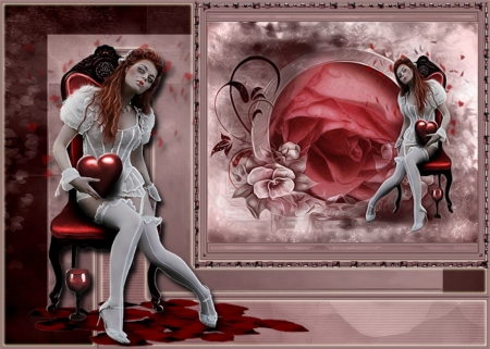 RED QUEEN - queen, female, red, heart, flowers, gothic