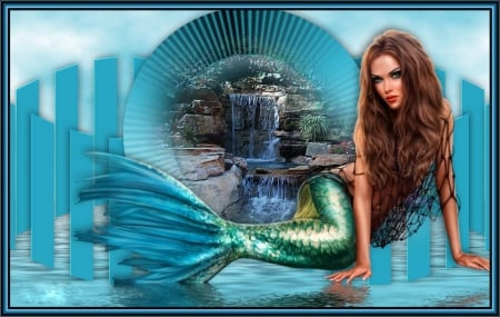 WATERFALL MERMAID - waterfall, female, mermaid, blue