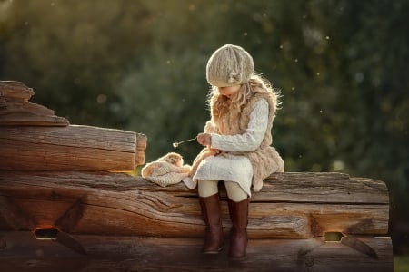 Little cowgirl in her boots - wood, girl, playing, hat