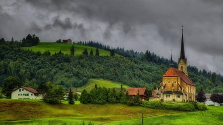 Church in the Mountains of Switzerland - building, church, mountains, switzerland, religious