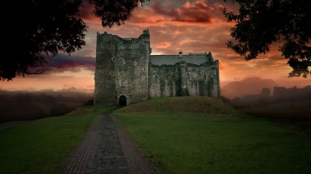 Old Castle  on a Hill at Sunset - Hill, Sunset, Old, Castle, Building