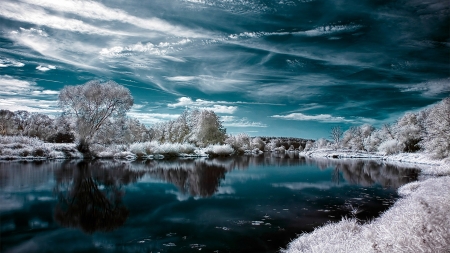 Frozen Reflection in the Lake - Reflection, Winter, Lake, Landscape, Frozen