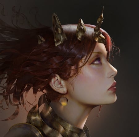 Demoness - zhao wukong, girl, horns, frumusete, black, fantasy, profil, face, luminos, demon