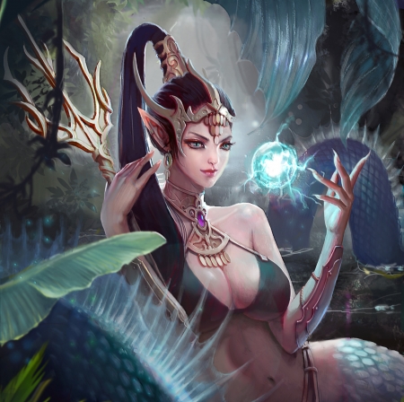 Snake girl - lana g, fantasy, hand, snake, girl, magical, luminos