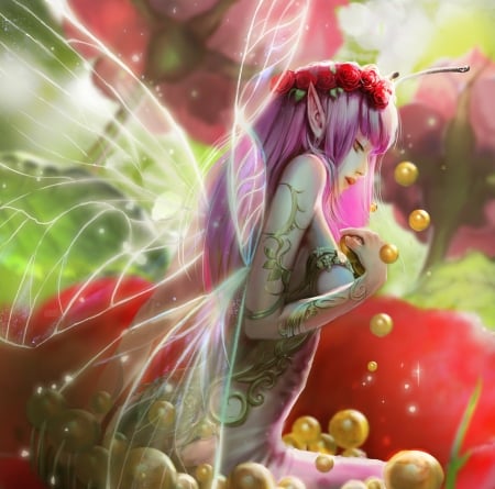 Fairy - pink, frumusete, fantasy, lana g, red, green, wings, fairy, art