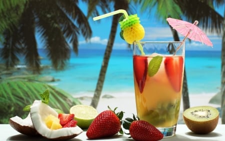 Tropical drinks - coconut, strawberries, kiwi, trees