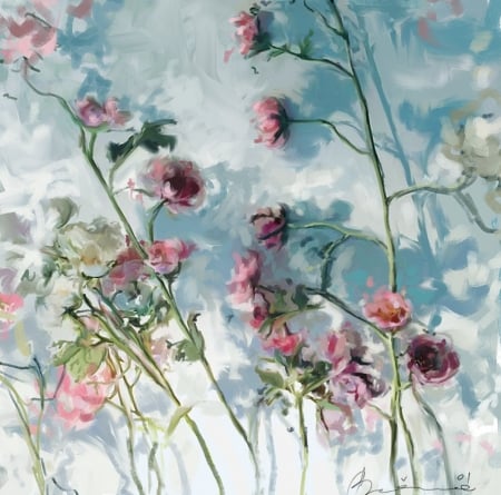 Pink and blue - ivana besevic, summer, blue, flower, pink, pictura, painting, rose, art, vara, sky