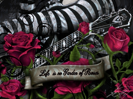 :-) - trandafir, flower, pink, quote, thaisa hassegawa, guitar, black, fantasy, instrument, white, painting, word, rose, art