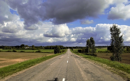 Road in Latvia - latvia, birches, road, landscape, clouds, fields